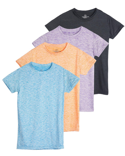 Real Essentials 4 Pack: Girls Short Sleeve Shirts Tees Active Quick Dry Fit Crew Neck T-Shirt Active Athletic Tops Soccer Sports Yoga Young Teen Chica's Kids Zebra Summer Clothes - Set 3, XS (7)