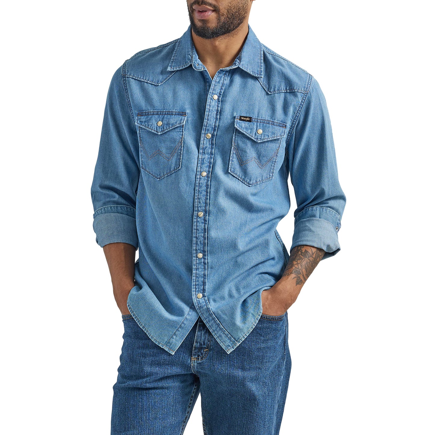 Wrangler Men's Iconic Denim Regular Fit Snap Shirt, Lake Wash, Large