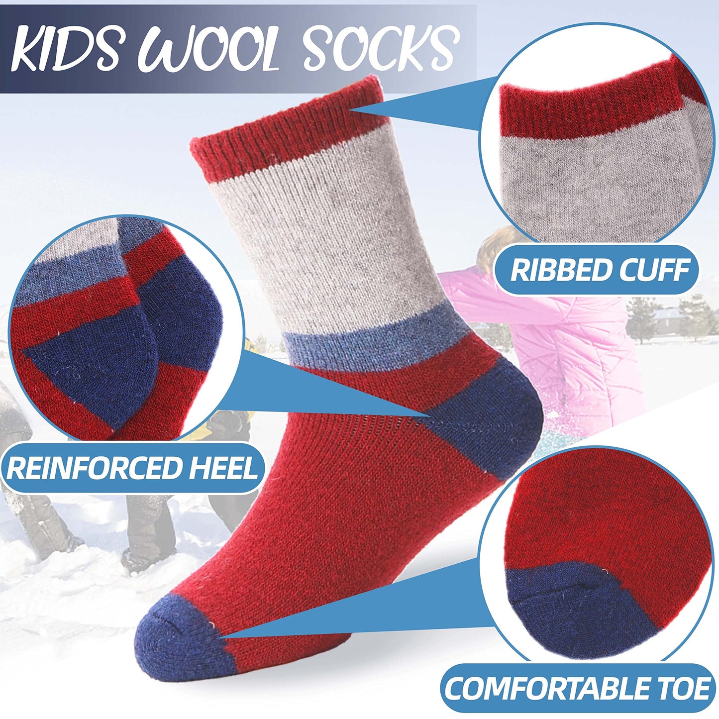 EBMORE Kids Merino Wool Socks for Toddlers Boys Girls Warm Thermal Winter Thick Hiking Heavy Cozy Crew Boot Socks Gift Stocking Stuffer 6 Pairs (Color Block,4-7 Y)